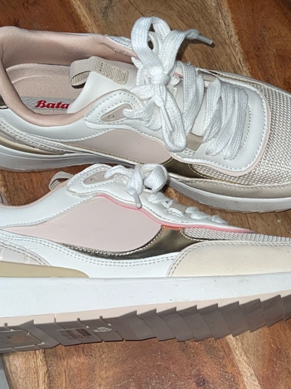 Bata brand new light pink and tan white with gold metallic sneakers-Comfortable
